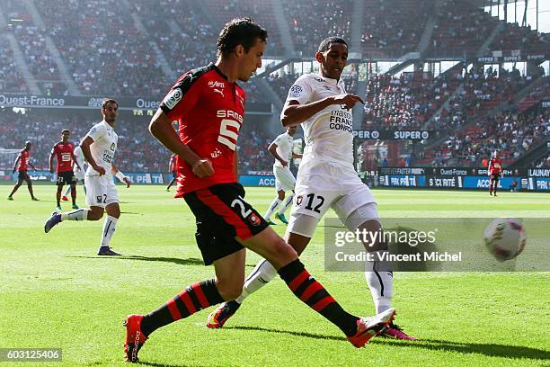 Romain Danze of Rennes and Ronny Rodelin of Caen during the french Ligue 1 match between Stade Rennais and SM Caen at Stade de la Route de Lorient on...