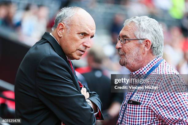 Rene Ruello, president of Rennes and Jean Francois Fortin, president of Caen during the french Ligue 1 match between Stade Rennais and SM Caen at...