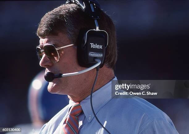 Dan Reeves head coach of the Denver Broncos circa 1988 against the San Diego Chargers at Jack Murphy Stadium in San Diego, California.