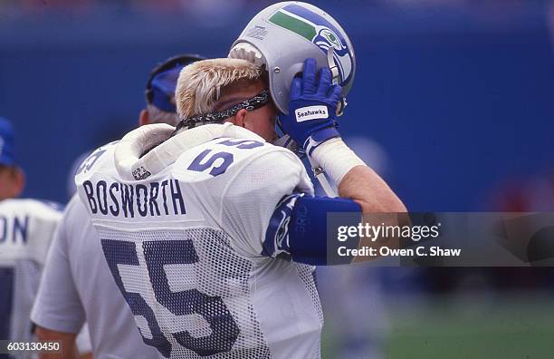 Brian Bosworth of the Seattle Seahawks circa 1987 prepares to take the field against the Denver Broncos at Mile High Stadiu in Denver, Colorado.