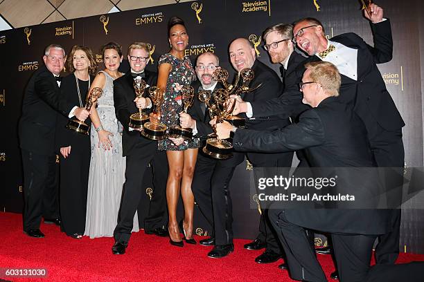 The cast of Archer attends the press room on day 2 of the 2016 Creative Arts Emmy Awards at The Microsoft Theater on September 11, 2016 in Los...