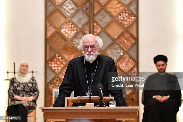 Former Archbishop of Canterbury Dr Rowan Williams addresses guests and media during an appeal by senior faith representatives at the Liberal Jewish...