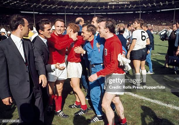 The celebrations begin for England after their victory in the World Cup Final against West Germany at Wembley Stadium in London on 30th July 1966....