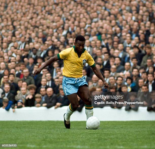 Pele in action for Brazil during the FIFA World Cup match between Brazil and Bulgaria at Goodison Park in Liverpool, 12th July 1966. Brazil won 2-0.