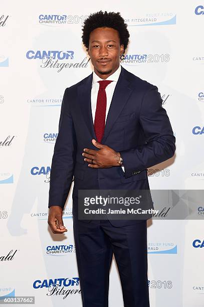 Jets wide receiver, Brandon Marshall attends the Annual Charity Day hosted by Cantor Fitzgerald, BGC and GFI at Cantor Fitzgerald on September 12,...