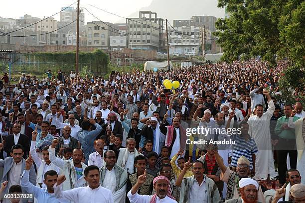 Muslims arrive to perform the Eid Al-Adha prayer at Freedom Square in Taiz, Yemen on September 12, 2016. Muslims worldwide celebrate Eid Al-Adha, to...