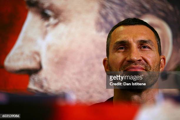 Wladimir Klitschko looks on at a press conference ahead of the world heavyweight title rematch between Tyson Fury and Wladimir Klitschko at the...
