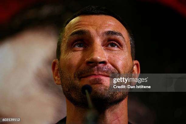 Wladimir Klitschko speaks at a press conference ahead of the world heavyweight title rematch between Tyson Fury and Wladimir Klitschko at the...