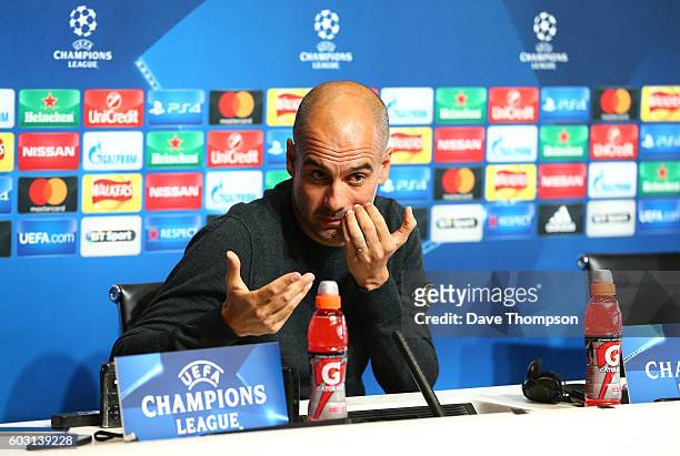 Manchester City manager Pep Guardiola during a press conference ahead of the UEFA Champions League match between Manchester City and VfL Borussia...