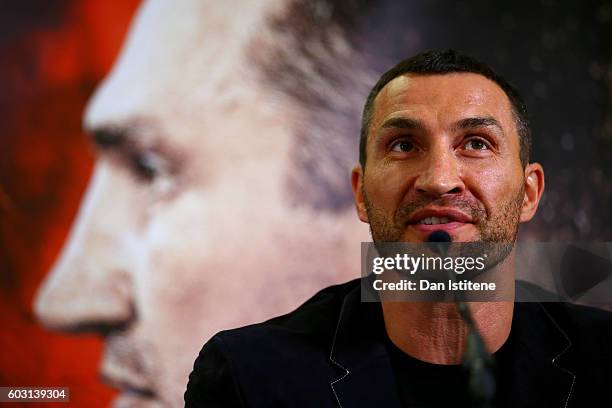 Wladimir Klitschko speaks at a press conference ahead of the world heavyweight title rematch between Tyson Fury and Wladimir Klitschko at the...