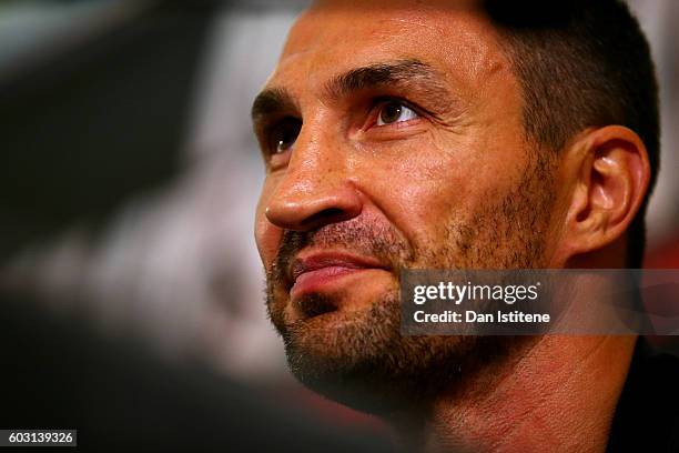 Wladimir Klitschko smiles during a press conference ahead of the world heavyweight title rematch between Tyson Fury and Wladimir Klitschko at the...