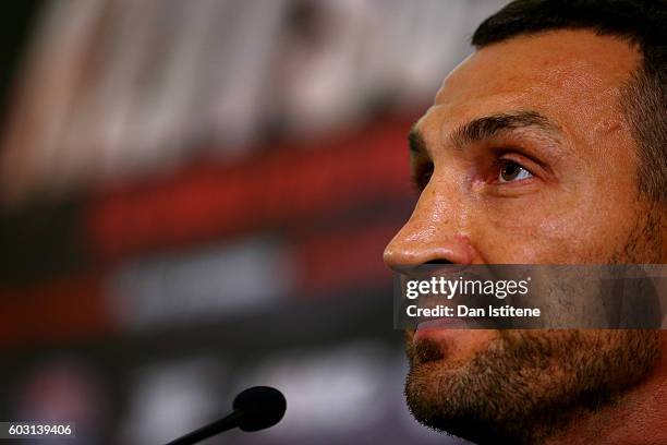 Wladimir Klitschko looks on at a press conference ahead of the world heavyweight title rematch between Tyson Fury and Wladimir Klitschko at the...