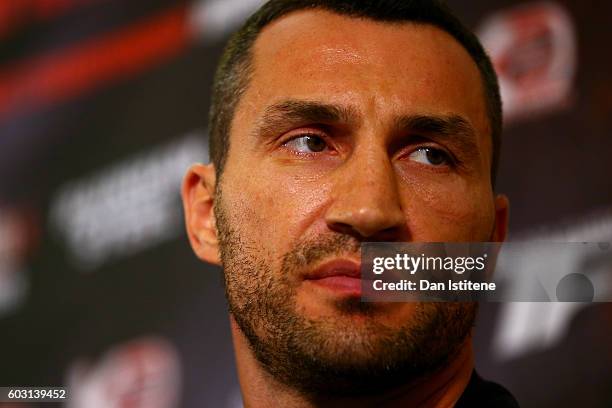 Wladimir Klitschko looks on at a press conference ahead of the world heavyweight title rematch between Tyson Fury and Wladimir Klitschko at the...