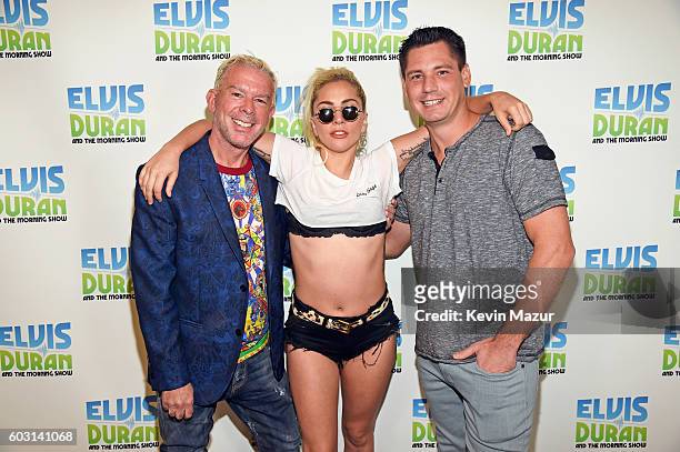 Elvis Duran and Lady Gaga pose during her visit to "The Elvis Duran Z100 Morning Show" at Z100 Studio on September 12, 2016 in New York City.