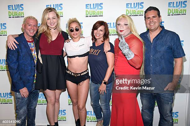Elvis Duran, Bethany Watson, Lady Gaga, Danielle Monaro, Greg T, and Skeery Jones pose during Lady Gaga's visit to "The Elvis Duran Z100 Morning...