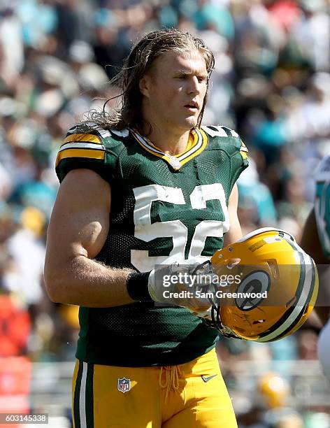 Clay Matthews of the Green Bay Packers enters the game against the Jacksonville Jaguars at EverBank Field on September 11, 2016 in Jacksonville,...