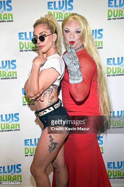 Lady Gaga and Gret T pose during Lady Gaga's visit to "The Elvis Duran Z100 Morning Show" at Z100 Studio on September 12, 2016 in New York City.