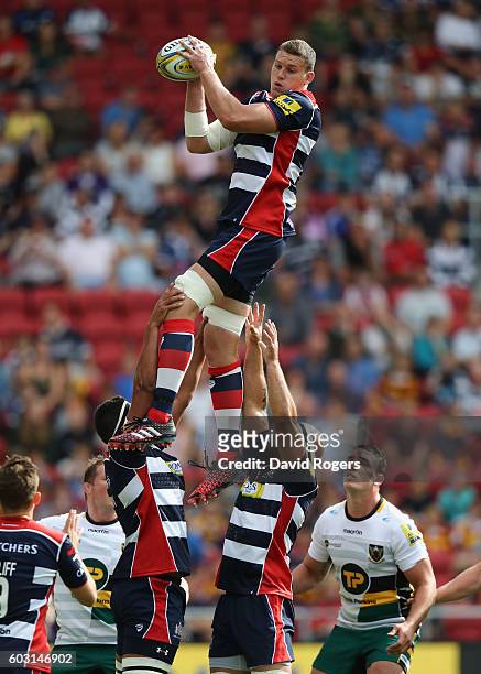 Ian Evans of Bristol wins the lineout during the Aviva Premiership match between Bristol and Northampton Saints at Ashton Gate on September 11, 2016...