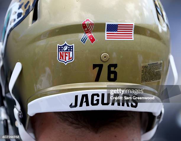 The helmet of Luke Joeckel of the Jacksonville Jaguars as seen during a game against the Green Bay Packers at EverBank Field on September 11, 2016 in...