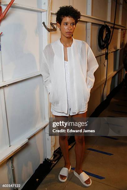 Model poses backstage during the Noon by Noor fashion show at The Gallery, Skylight at Clarkson Sq on September 8, 2016 in New York City.