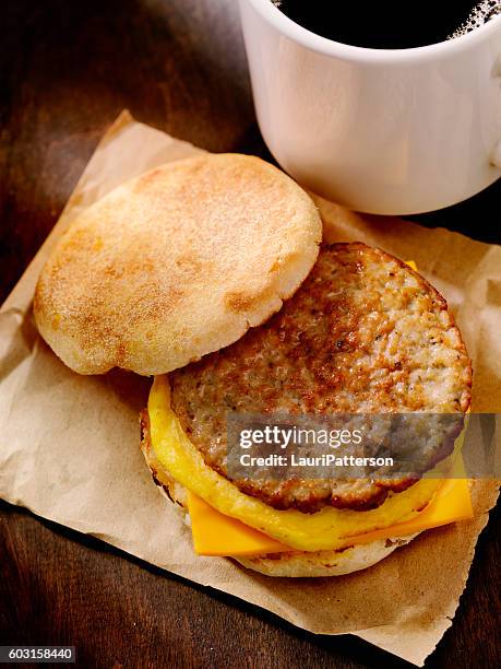 sausage and egg breakfast sandwich - sausage sandwich stock pictures, royalty-free photos & images