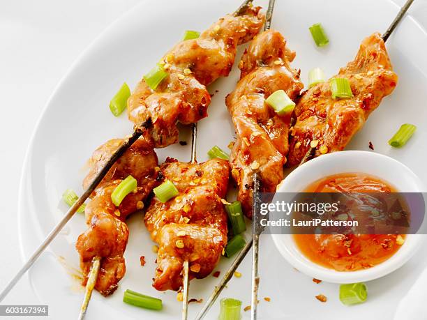 brochettes de porc avec sauce aigre-douce - pic de brochette photos et images de collection