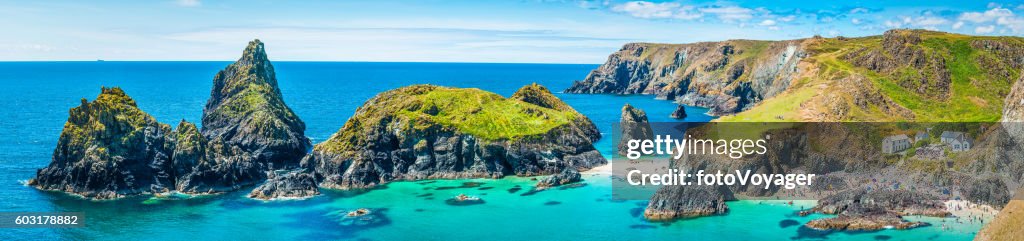 Cornwall turquoise ocean bay sandy beaches Kynance Cove panorama UK
