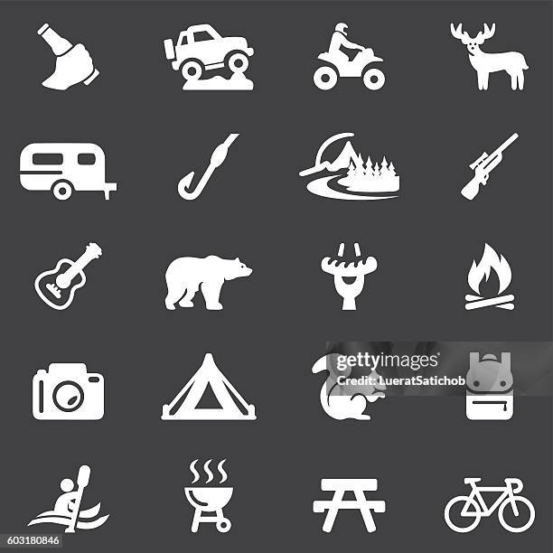 outdoors and adventure white silhouette 20 icons| eps10 - deer creek stock illustrations