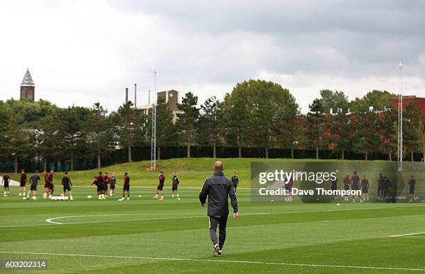 Manchester City manager Pep Guardiola arrives for a training session ahead of the UEFA Champions League match between Manchester City and VfL...