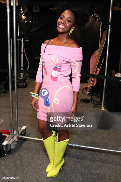 Actress Teyonah Parris poses for a photo backstage at the Jeremy Scott fashion show during New York Fashion Week: The Shows at The Arc, Skylight at...