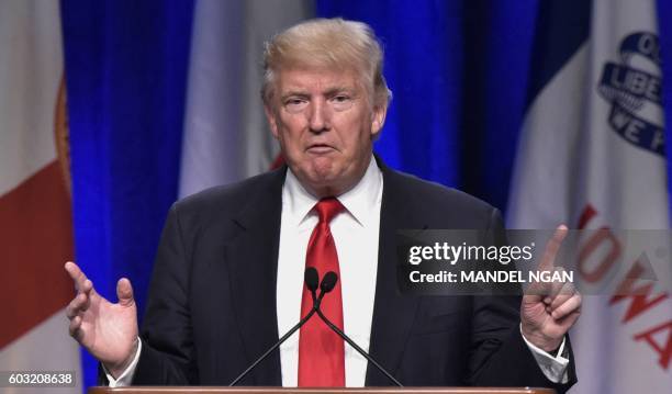 Republican presidential nominee Donald Trump addresses the 138th General Conference of National Guard Association of the US at the Baltimore...