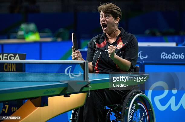 Serbia's Borislava Peric-Rankovic faces China's Miao Zhang in their Women's Singles - Cl 4 table tennis Gold Medal Match at Riocentro during the...
