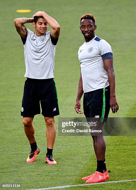 Carlos Gamboa and Moussa Dembele of Celtic FC look on during a training session ahead of the UEFA Champions League Group C match against FC Barcelona...