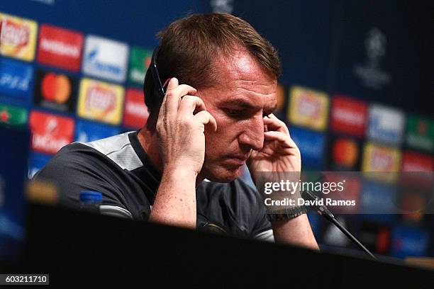 Manager of Celtic FC Brendan Rogers faces the media during a press conference ahead of the UEFA Champions League Group C match against FC Barcelona...