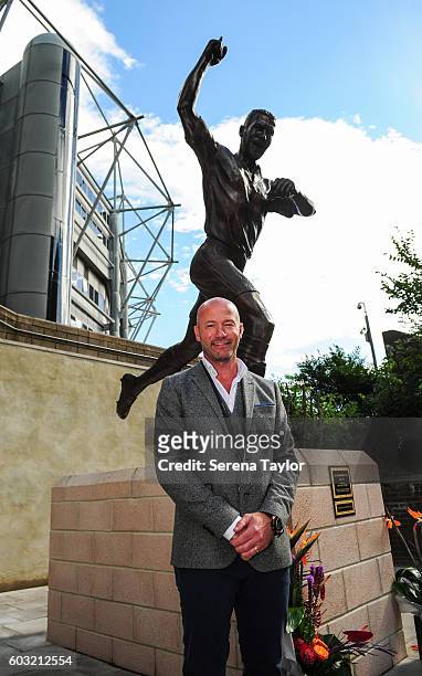 Alan Shearer poses for photograph after he unveiled the Alan Shearer Statue on Barrack Road at St.James' Park on September 12 in Newcastle upon Tyne,...