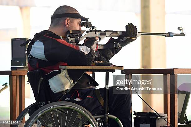 Laslo Suranji of Serbia competes in the men's 50m rifle 3 positions SH1 on day 5 of the Rio 2016 Paralympic Games at Olympic shooting centre on...