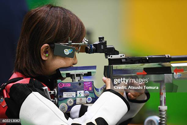 Akiko Sega of Japan competes in the mixed 10m air rifle prone SH2 on day 5 of the Rio 2016 Paralympic Games at Olympic shooting centre on September...