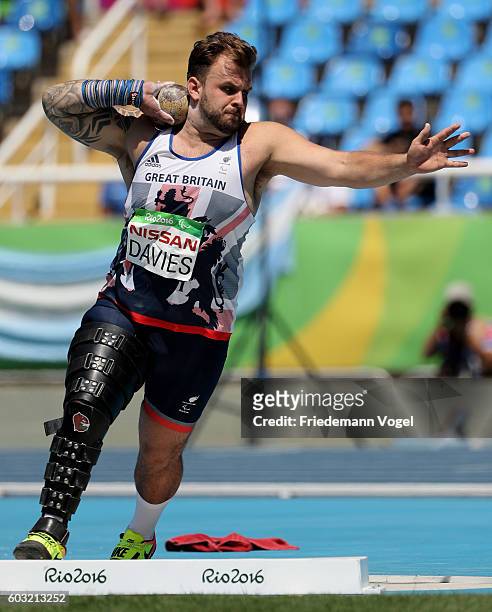 Aled Davies of Great Britain competes in the Men's Shot Put F42 at Olympic Stadium during day 5 of the Rio 2016 Paralympic Games on day 5 of the Rio...