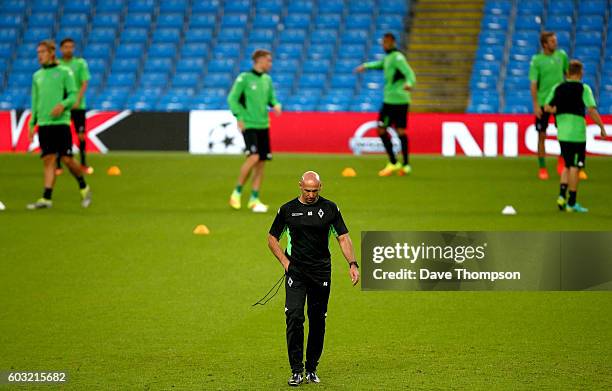 Manager of Borussia Moenchengladbach Andre Schubert during a training session ahead of the UEFA Champions League match between Manchester City and...