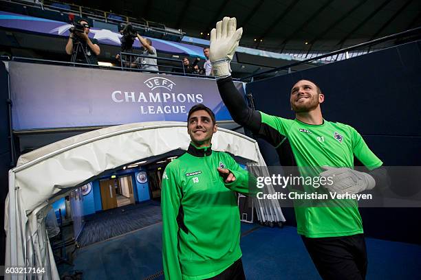 Lars Stindl and Tobias Sippel of Borussia Moenchengladbach during the training session ahead the Uefa Champions League match between Manchester City...