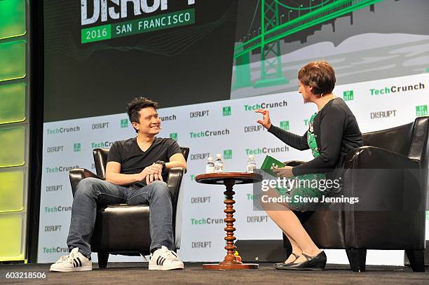 Co-Founder and CEO of Razer Min-Liang Tan and moderator Ingrid Lunden speak onstage during TechCrunch Disrupt SF 2016 at Pier 48 on September 12,...