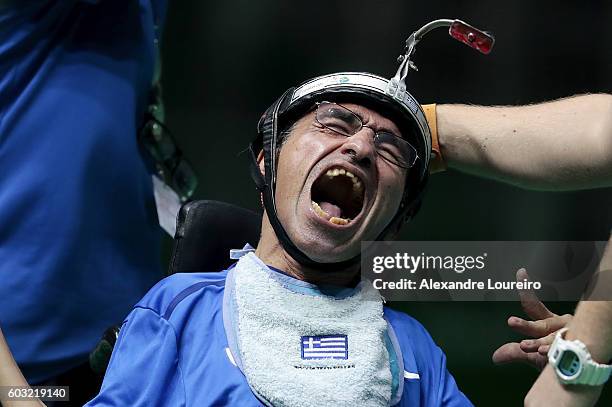 Nikolaos Pananos of Greece celebrates the victory in the Boccia - Mixed Pairs - BC3 Bronze Medal Match at Carioca Arena 2 on day 5 of the Rio 2016...