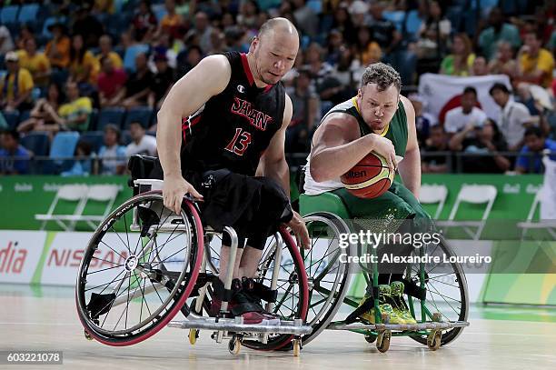 Shaun Norris of Australia and Mitsugu Chiwaki of Japan in action during Men's Wheelchair Basketball match between Australia and Japan at Olympic...