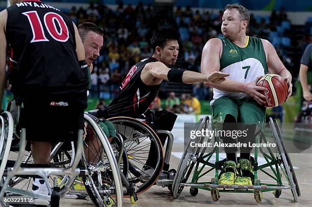 Shaun Norris of Australia and Hiroyuki Nagata of Japan in action during Men's Wheelchair Basketball match between Australia and Japan at Olympic...