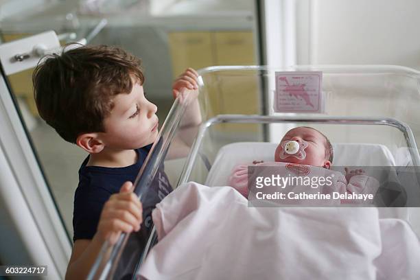 a newborn with her brother at the maternity ward - baby sibling stock pictures, royalty-free photos & images
