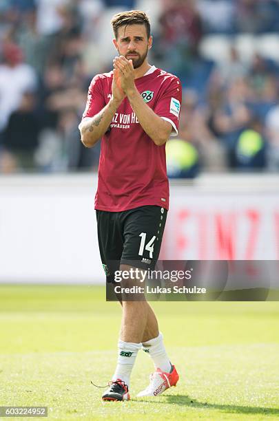 Stefan Strandberg of Hanover reacts after loosing the Second Bundesliga match between Hannover 96 and SG Dynamo Dresden at HDI-Arena on September 11,...