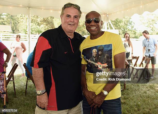 Charlie Brusco and Otis Redding III attend a reception at Redding Ranch during Otis Redding 75th Birthday Celebration at the Redding Ranch on...