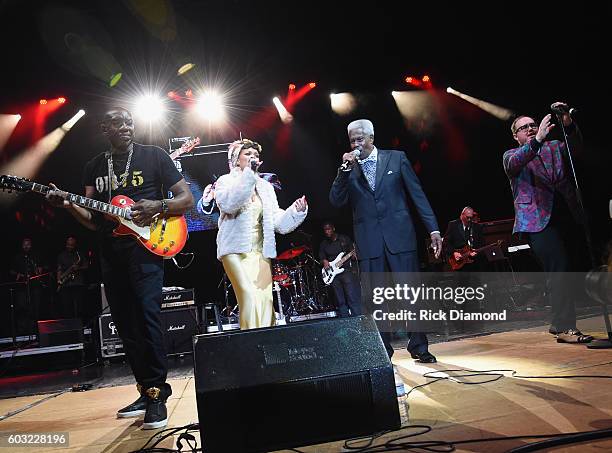 Otis Redding III, Andra Day, Eddie Floyd and Paul Janeway perform during Otis Redding 75th Birthday Celebration at the Macon City Auditorium on...