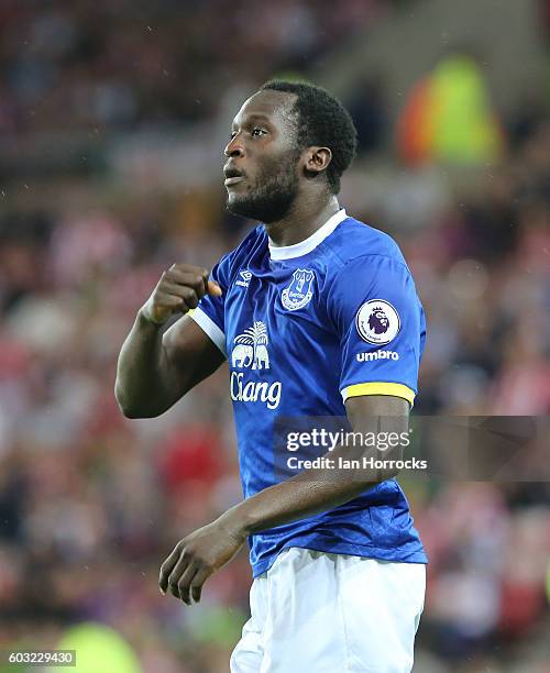 Romelu Lukaku celebrates after scoring the opening goal for Everton during the Premier League match between Sunderland and Everton at Stadium of...