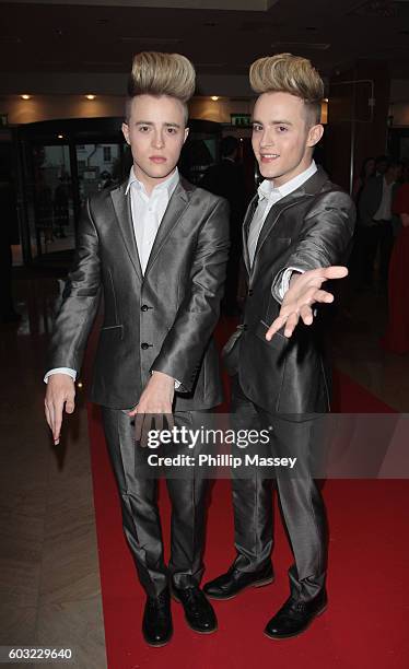 John Grimes and Edward Grimes aka Jedward attend the Pride of Ireland awards at Hilton Doubletree Dublin on September 12, 2016 in Dublin, Ireland.